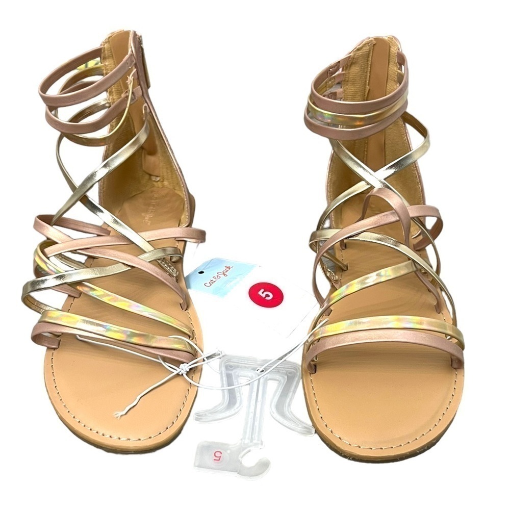 Cat & Jack Girls Metallic Rose Gold Dion Zipper Ankle Strap Sandals - Size 5